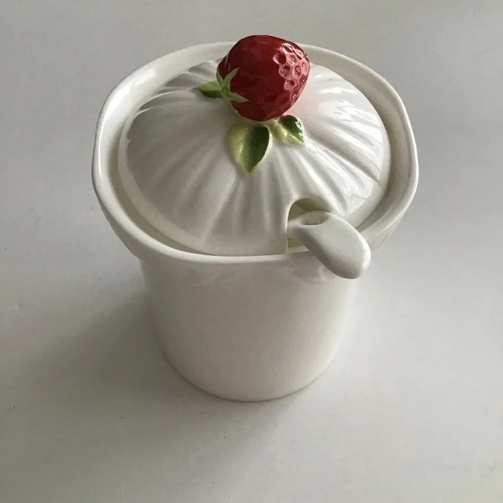 Jam Jar Bone China Covered Strawberry Marmalade Preserves Lid Spoon Vintage